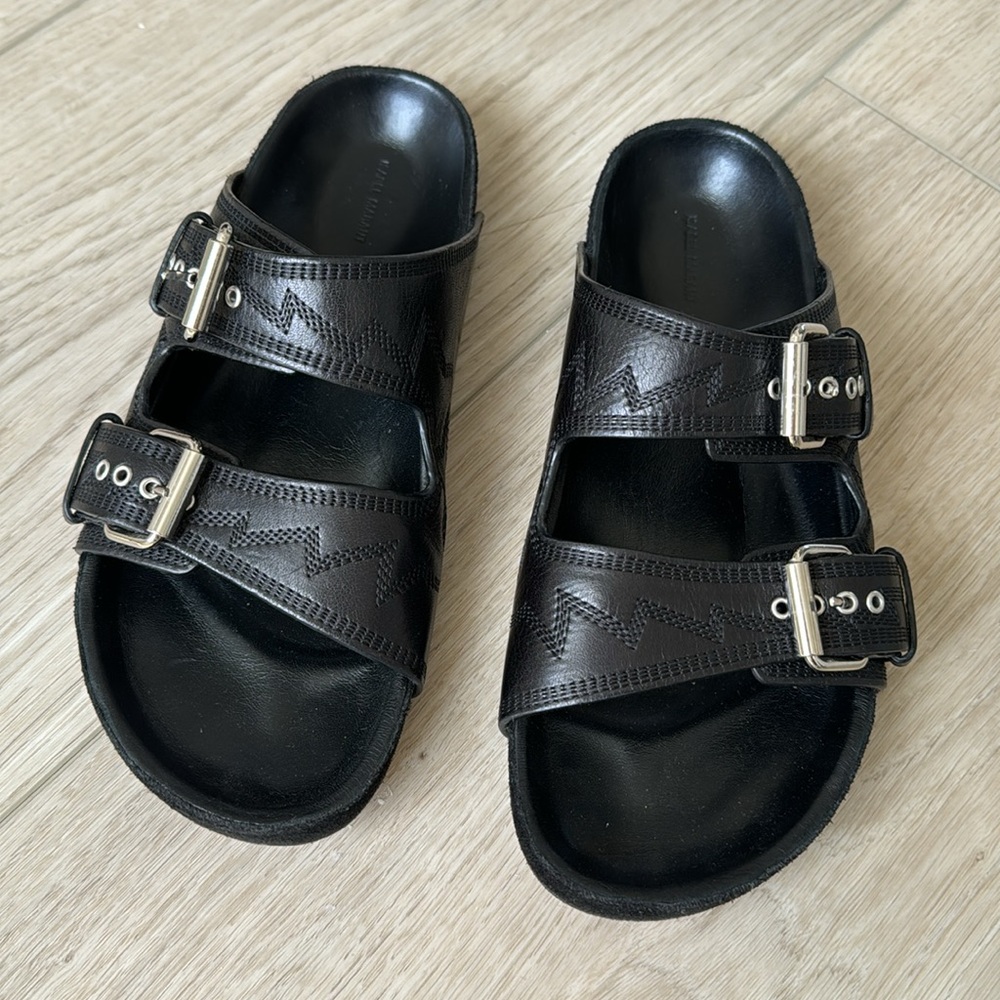 Isabel Marant black leather embroidered slides sandals 38